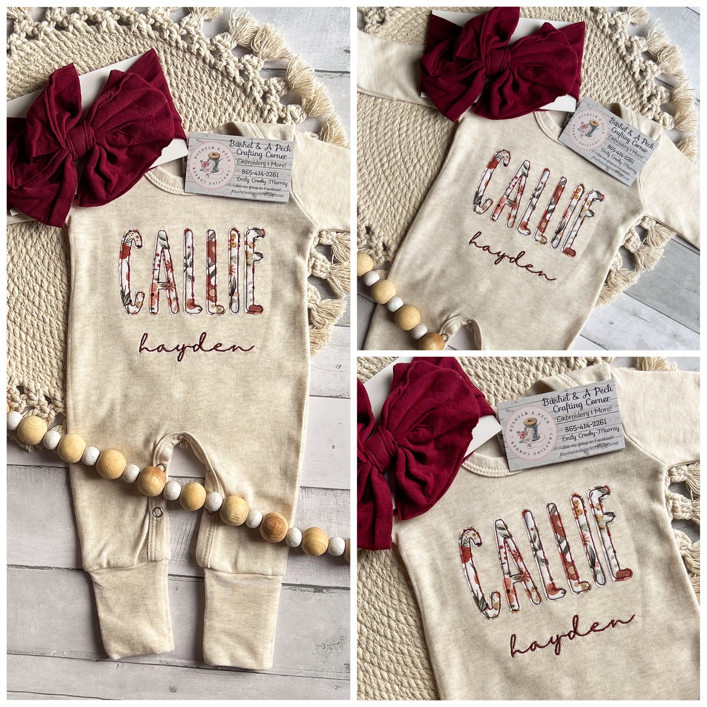 Oatmeal Convertible Romper/Bow Set with Maroon Floral Applique