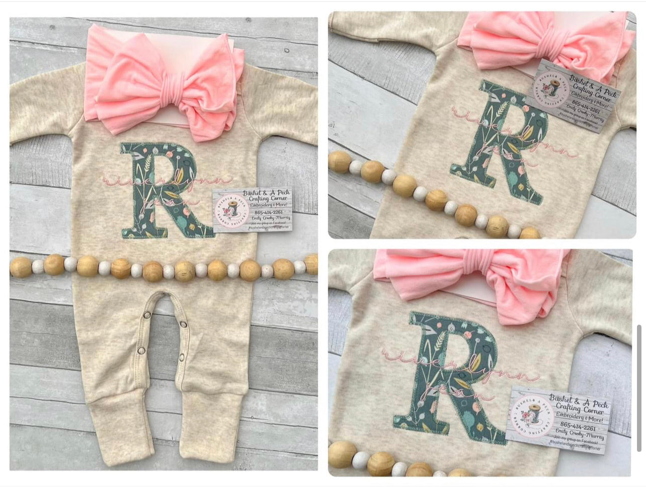 Oatmeal initial teal floral appliqué romper/bow set