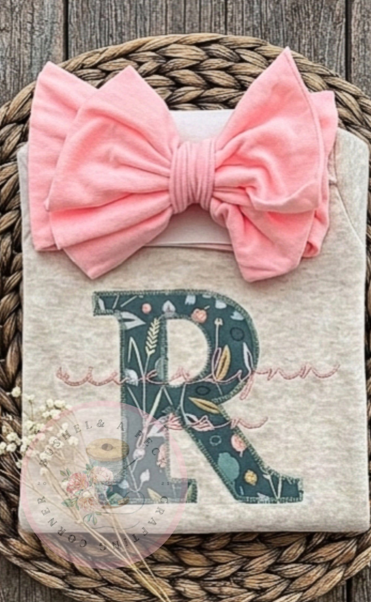 Oatmeal initial teal floral appliqué romper/bow set