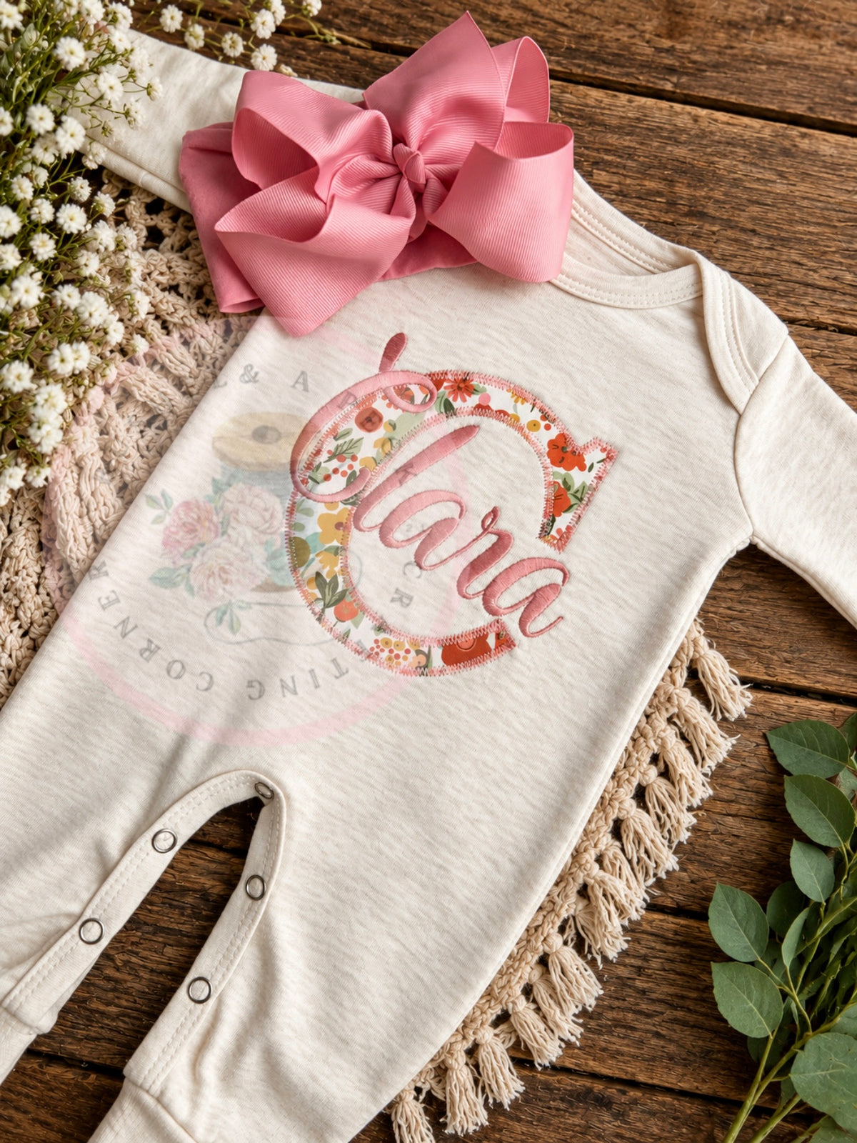 Oatmeal Mauve Fall-Floral Applique Convertible Rompers/ Short & Long Sleeved Bubbles (Initial style)