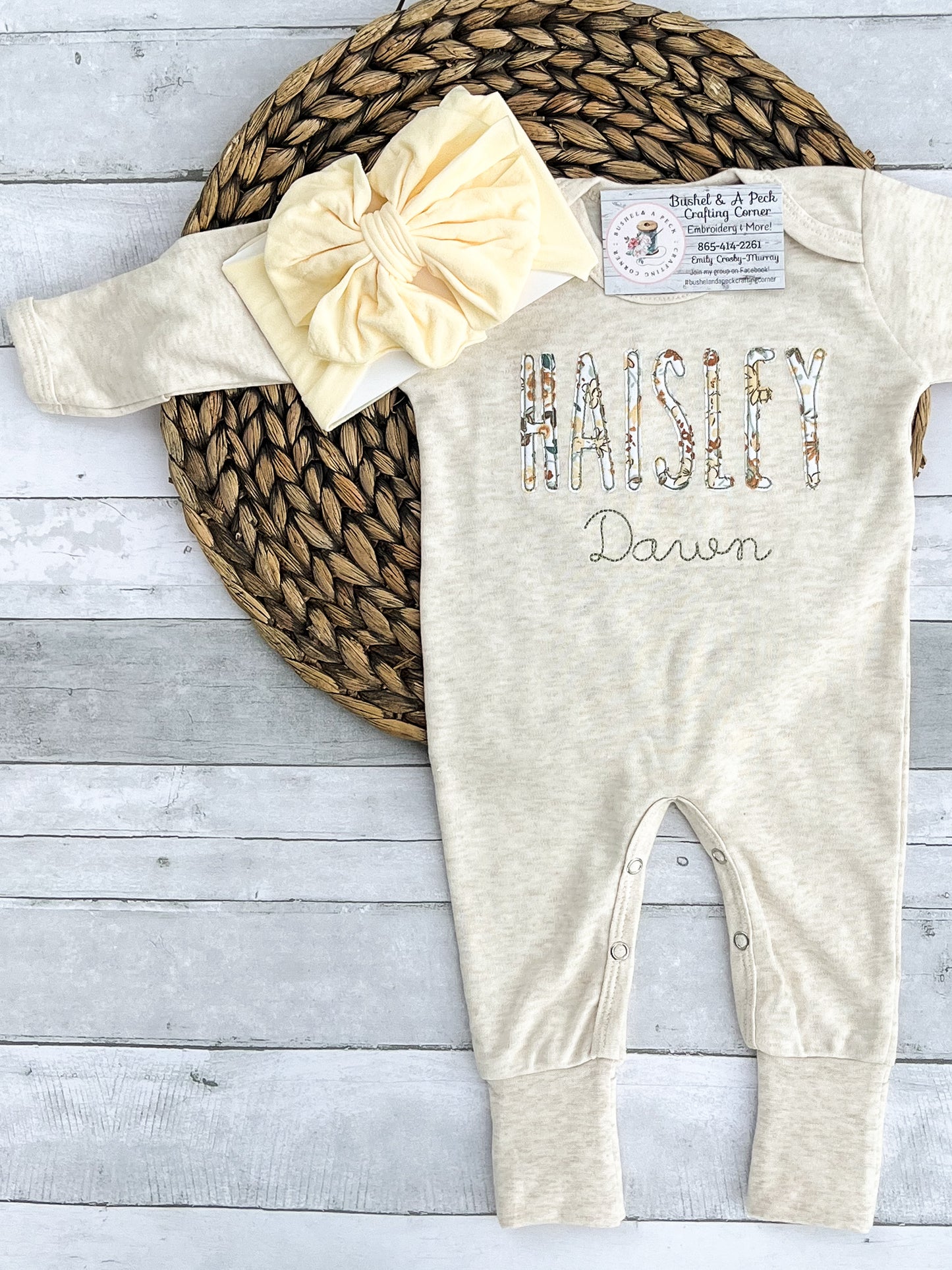 Blooming Wildflowers Oatmeal Convertible Romper (Spelled Out Name Applique)