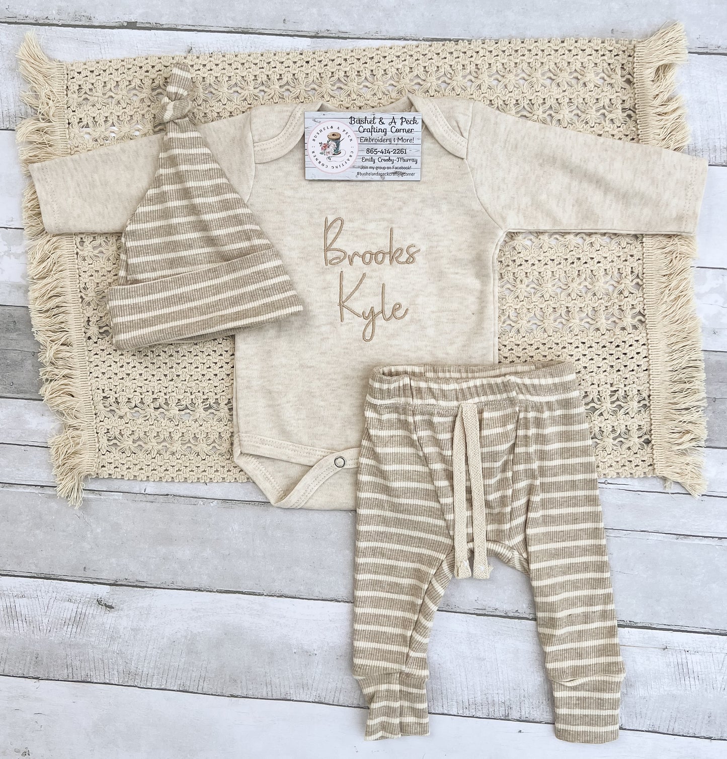 Embroidered Oatmeal Onesie/Beige Pants/& Hat or Bow Set