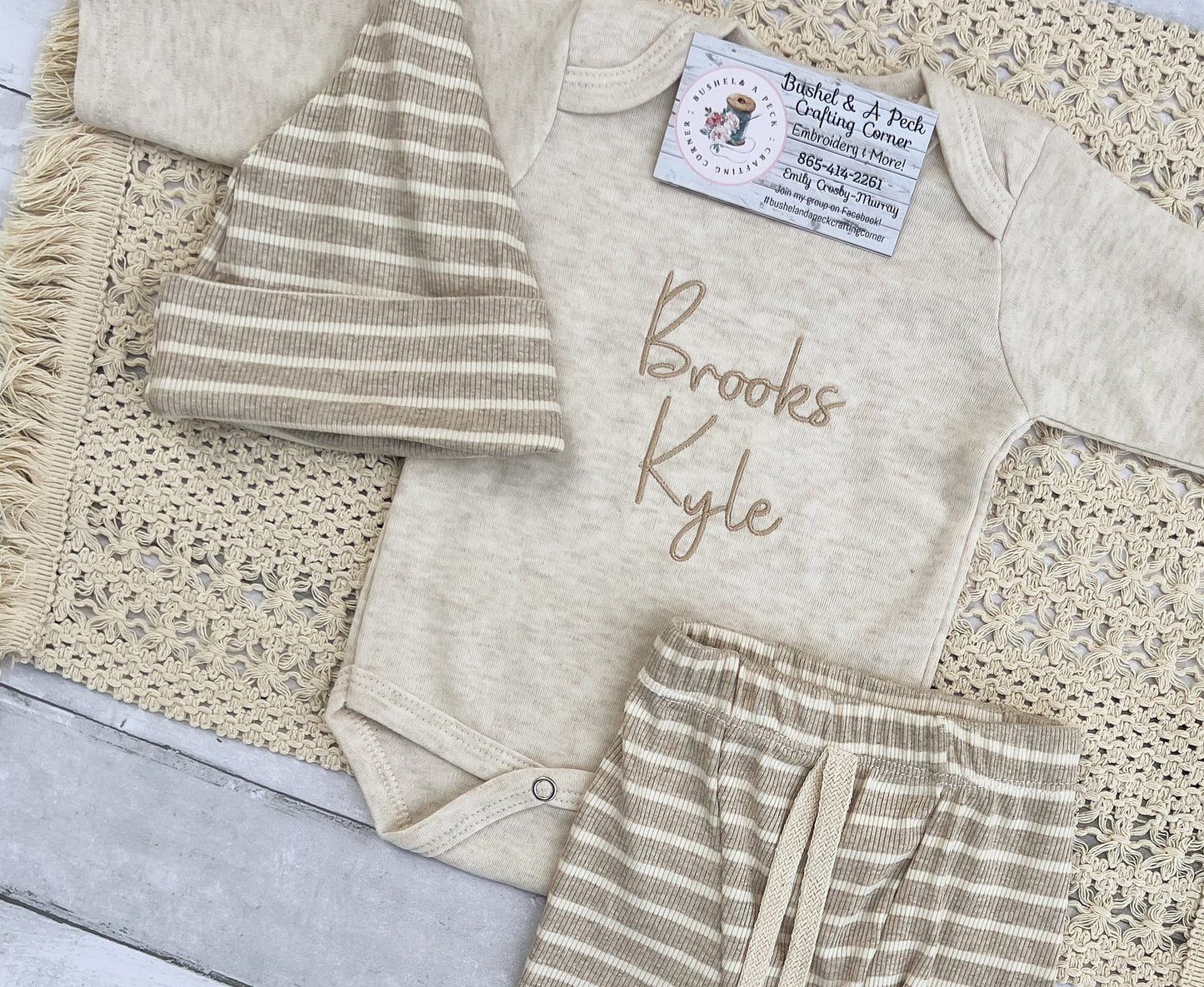 Embroidered Oatmeal Onesie/Beige Pants/& Hat or Bow Set