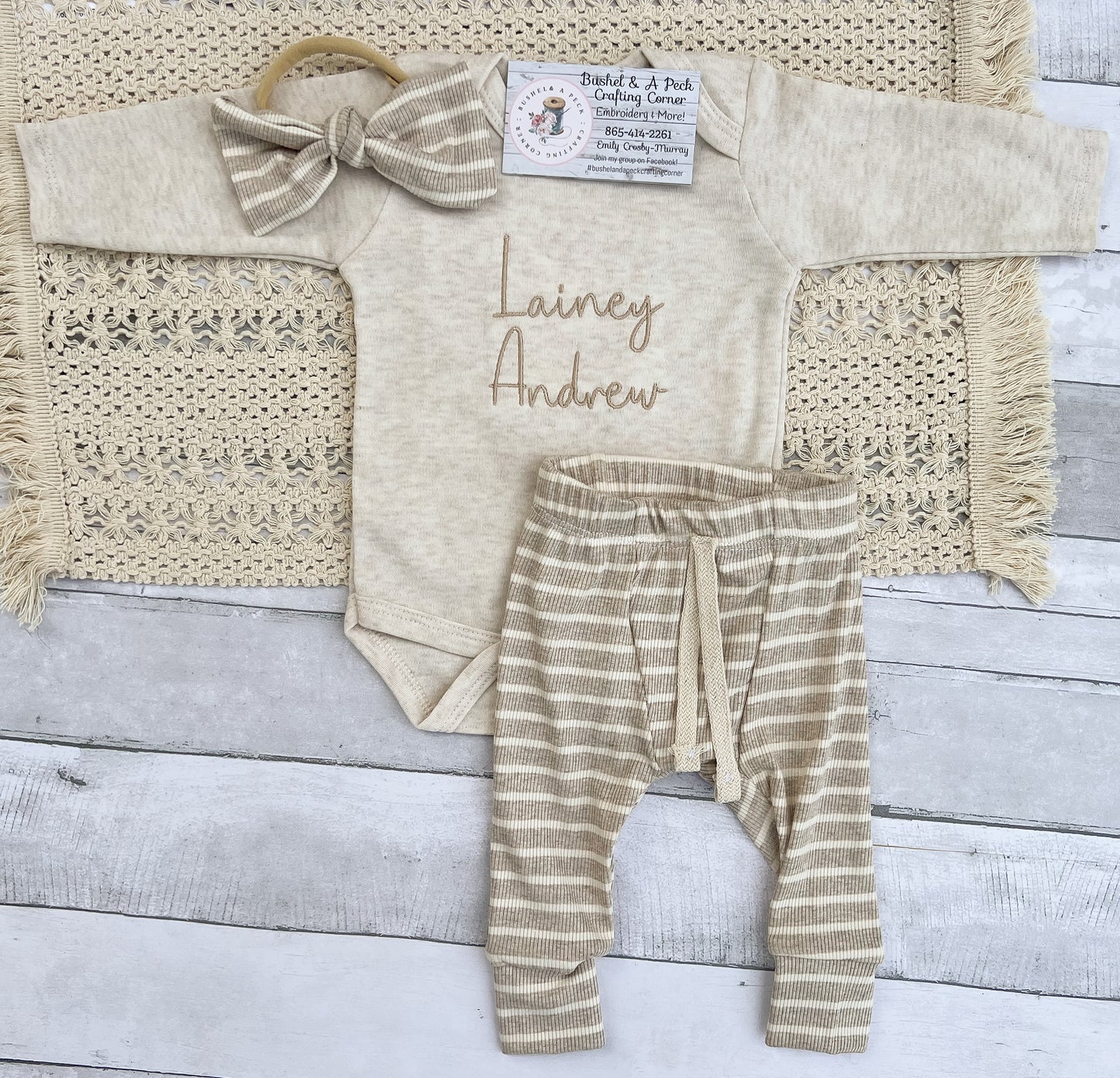 Embroidered Oatmeal Onesie/Beige Pants/& Hat or Bow Set
