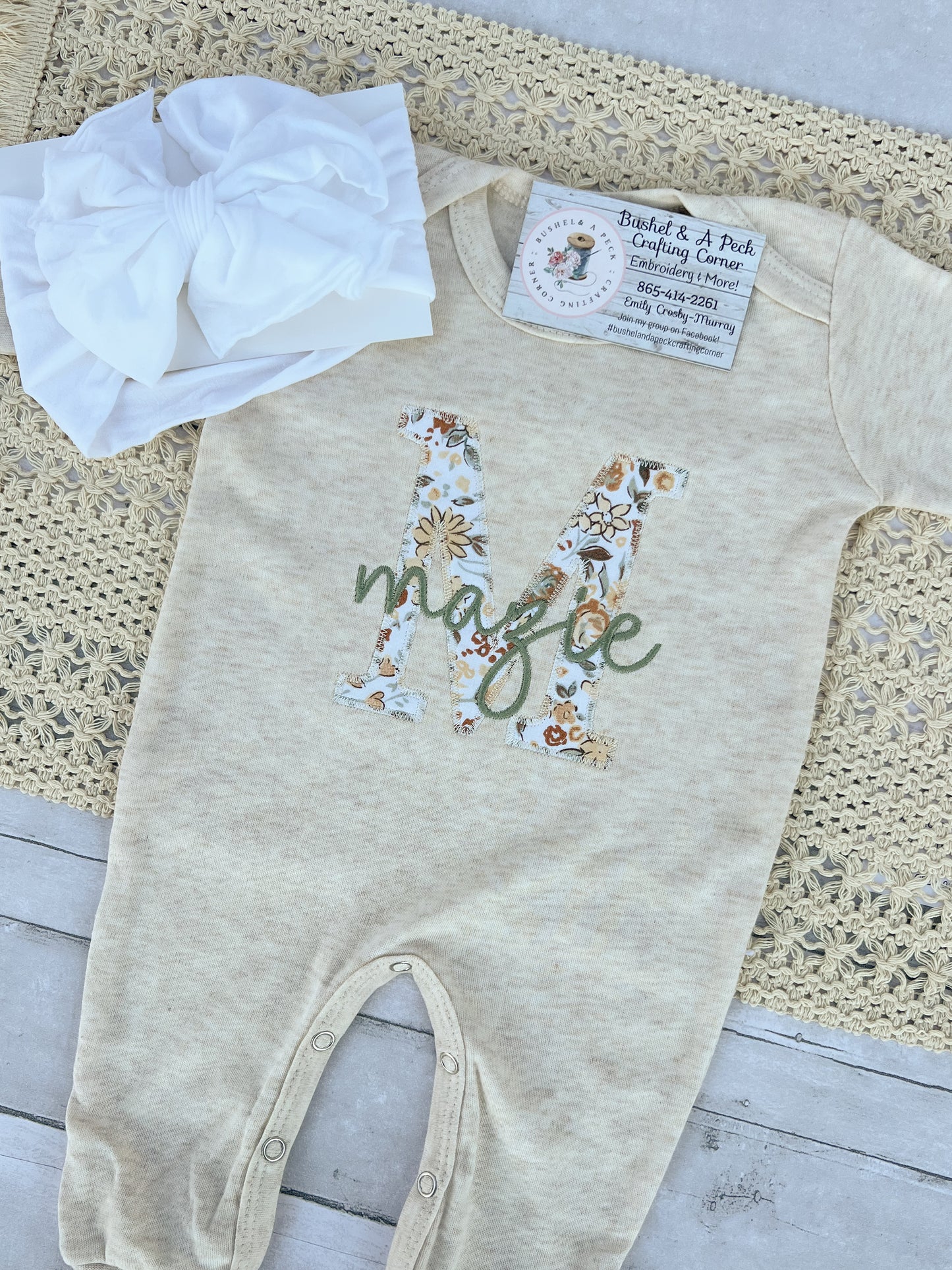 Oatmeal Convertible Romper With Blooming Wildflowers Applique "Initial Style"