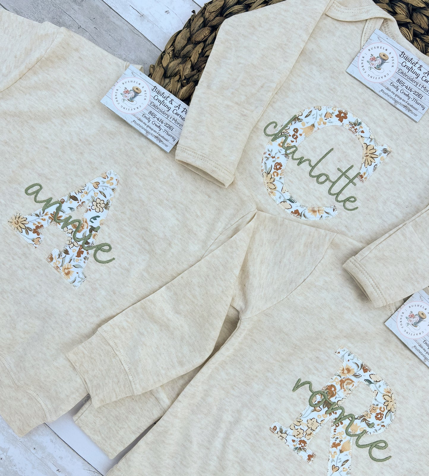 Oatmeal Short/Long Sleeve Shirts with Blooming Wildflowers Applique (Initial Style)