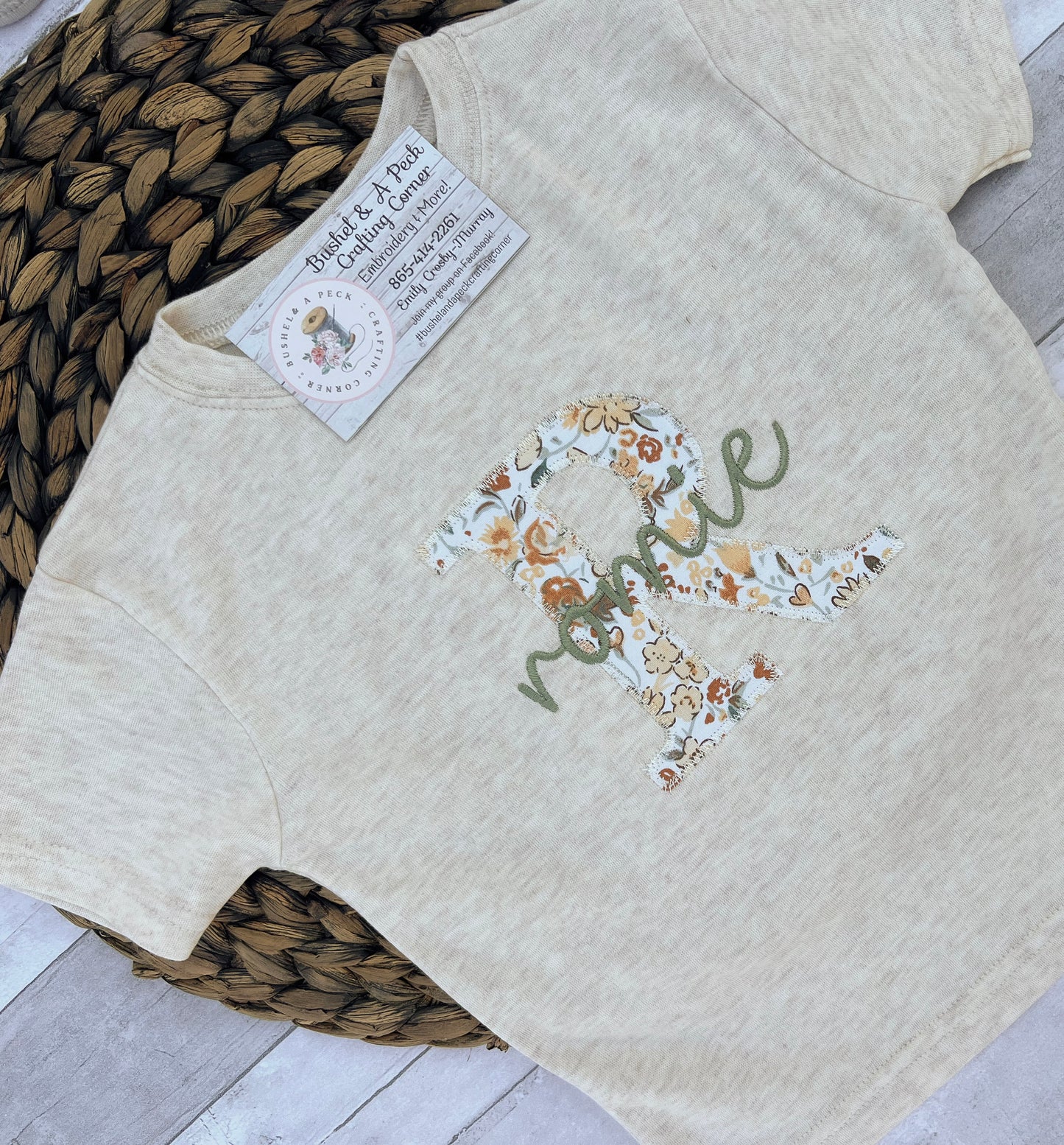 Oatmeal Short/Long Sleeve Shirts with Blooming Wildflowers Applique (Initial Style)