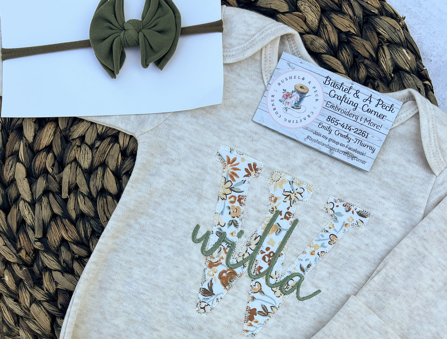 Oatmeal Knotted Gown with Blooming Wildflowers Applique "Initial Applique"