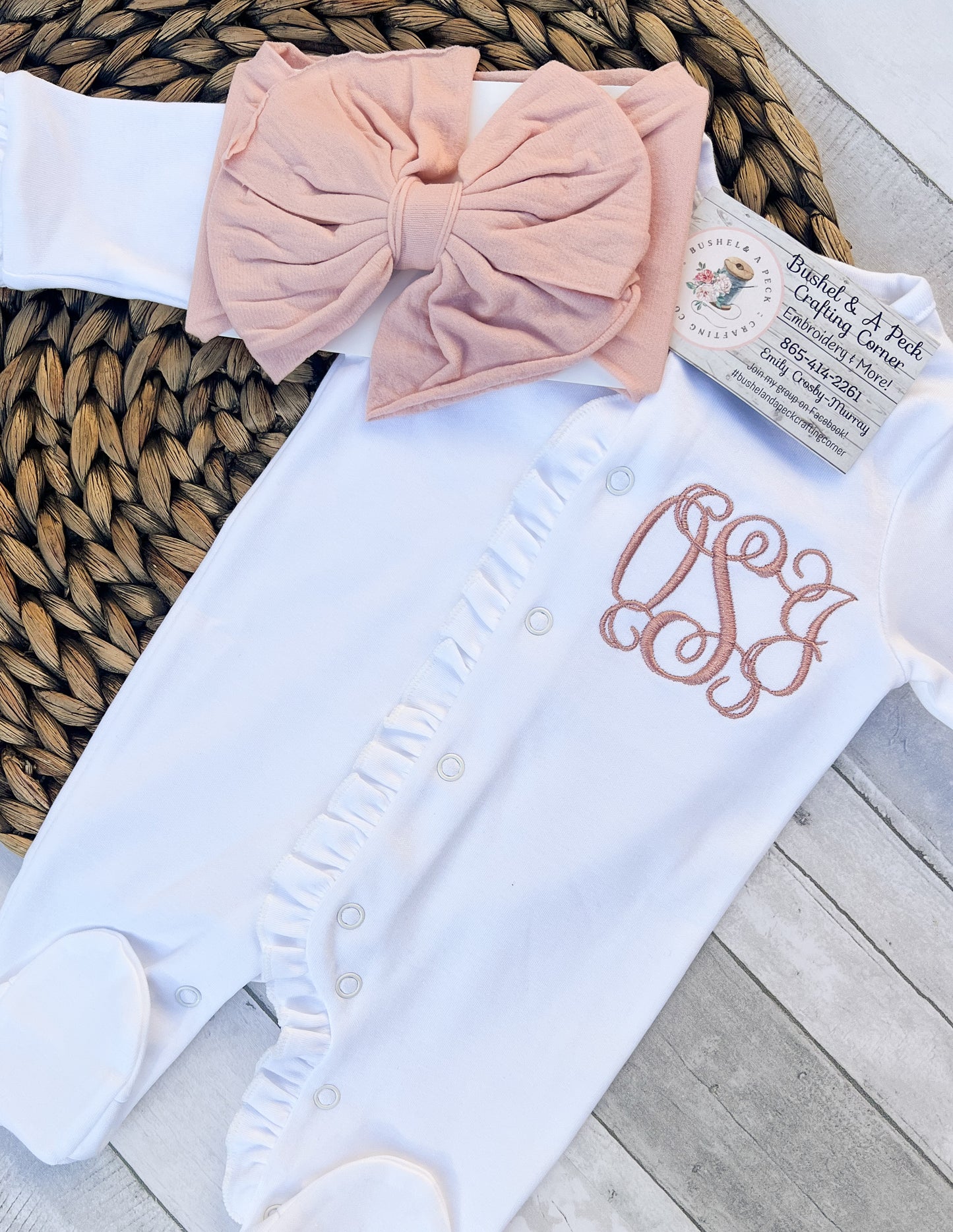 White Ruffle Monogram Footie/Matching Mauve Bow Set