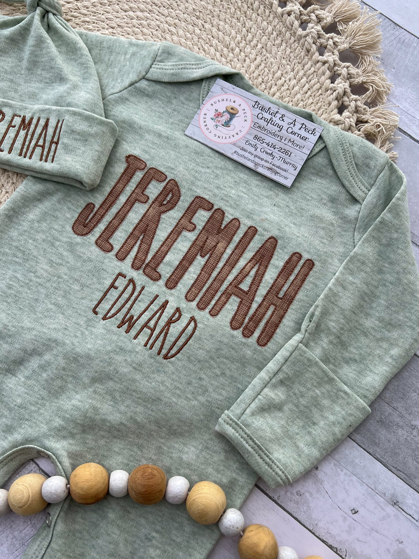 Light Sage Embroidered Faux-Burlap Romper/Hat Set