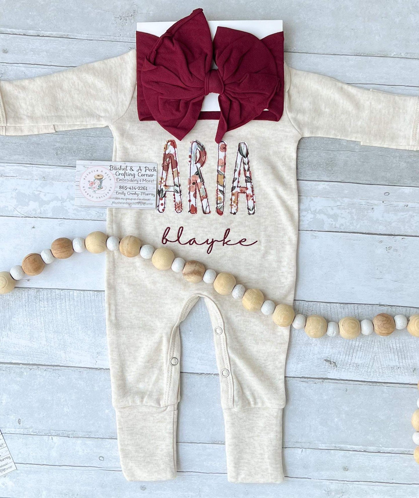 Oatmeal Convertible Romper/Bow Set with Maroon Floral Applique