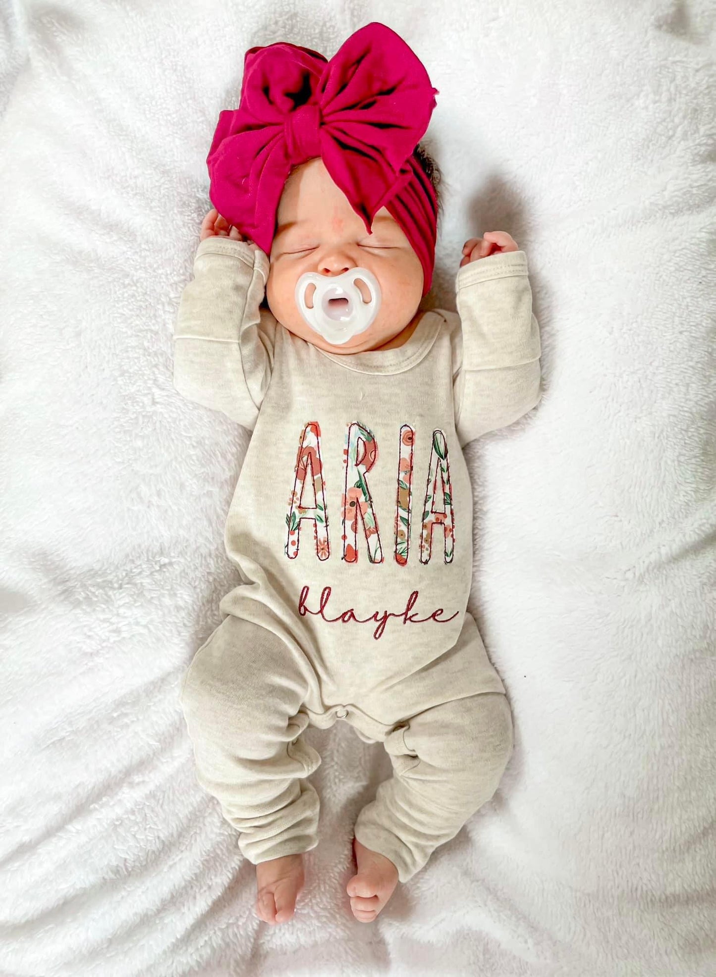 Oatmeal Convertible Romper/Bow Set with Maroon Floral Applique