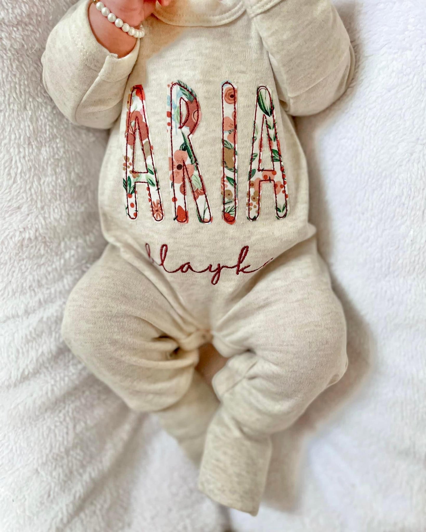 Oatmeal Convertible Romper/Bow Set with Maroon Floral Applique