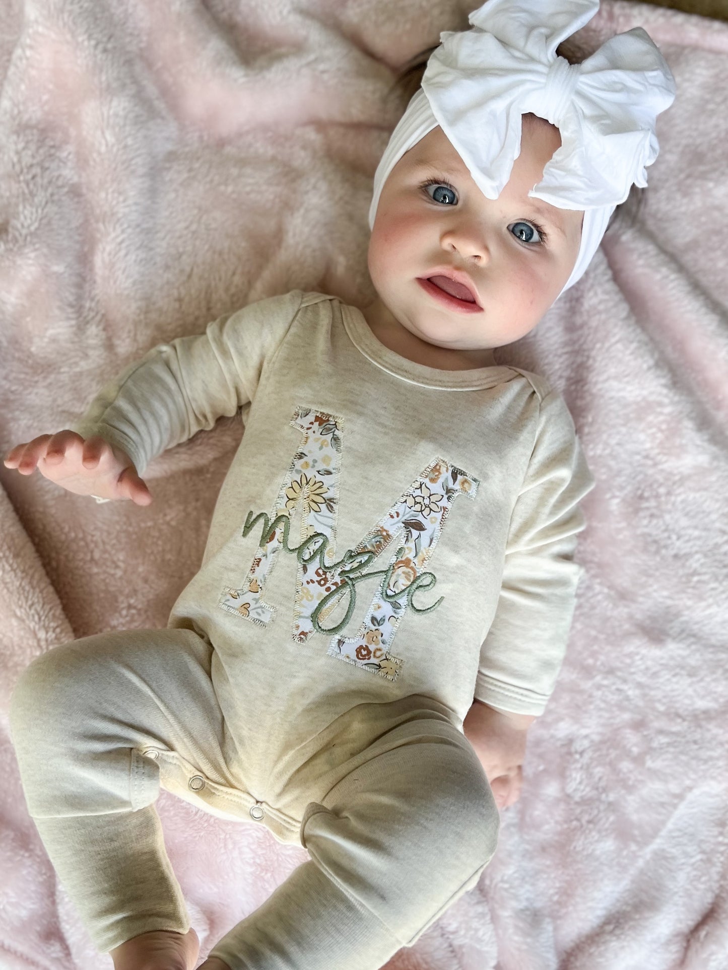 Oatmeal Convertible Romper With Blooming Wildflowers Applique "Initial Style"