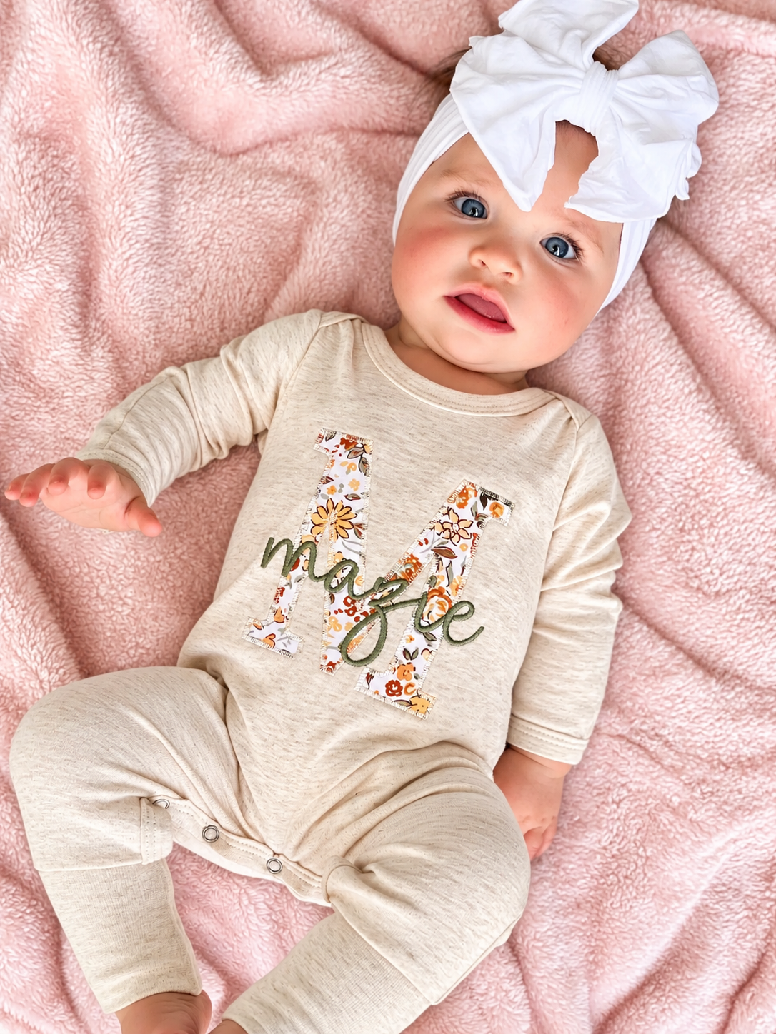 Oatmeal Convertible Romper/Long & Short Sleeved Bubbles/ With Blooming Wildflowers Applique "Initial Style"