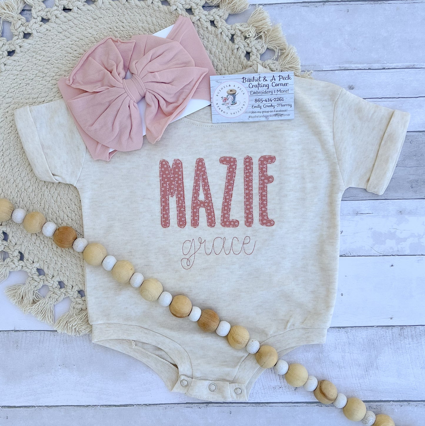 Oatmeal Bubble-Romper With Mauve Applique