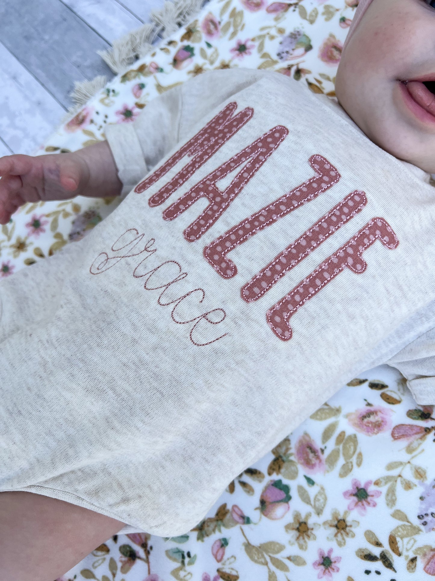 Oatmeal Bubble-Romper With Mauve Applique