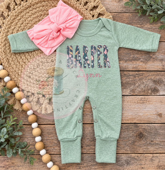 Light Sage/Teal Floral Appliqué Name Convertible Romper/ Long & Short Sleeved Bubbles (Spelled Out Style)