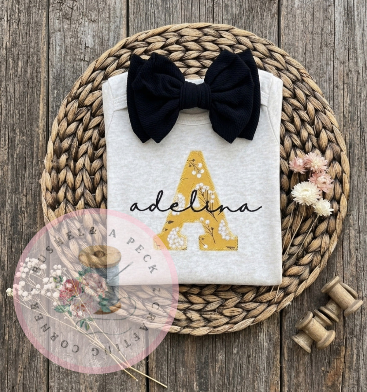Oatmeal Mustard & Black Floral Appliqué Romper/Bow set