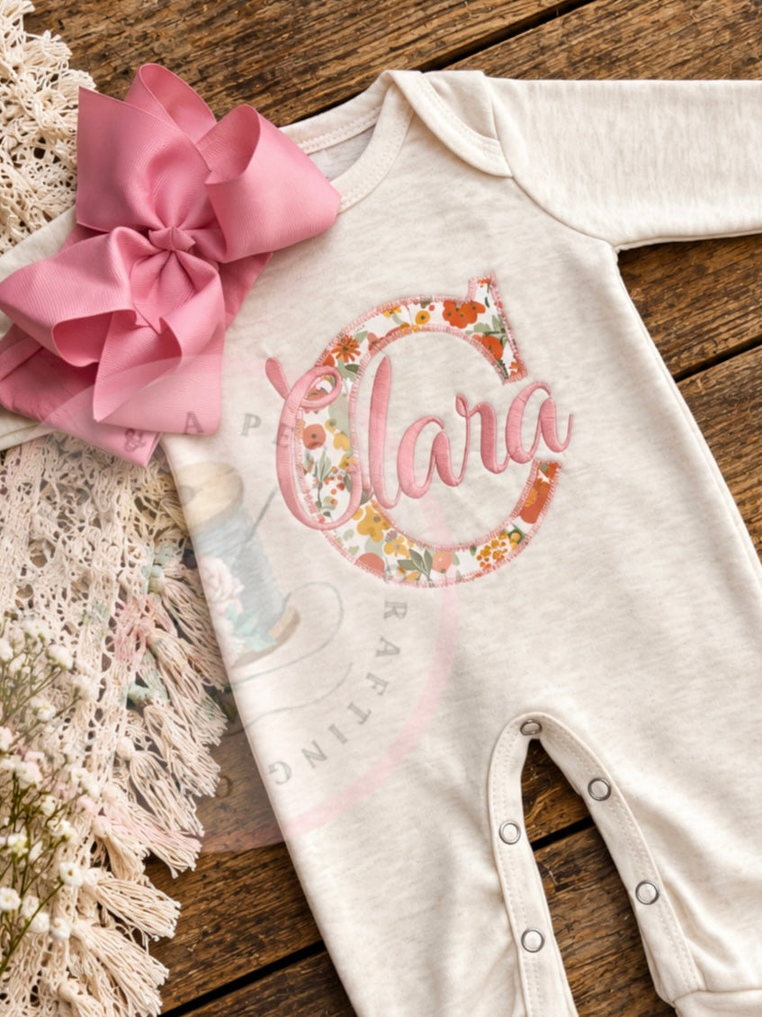 Oatmeal Mauve Fall-Floral Applique Convertible Rompers/ Short & Long Sleeved Bubbles (Initial style)