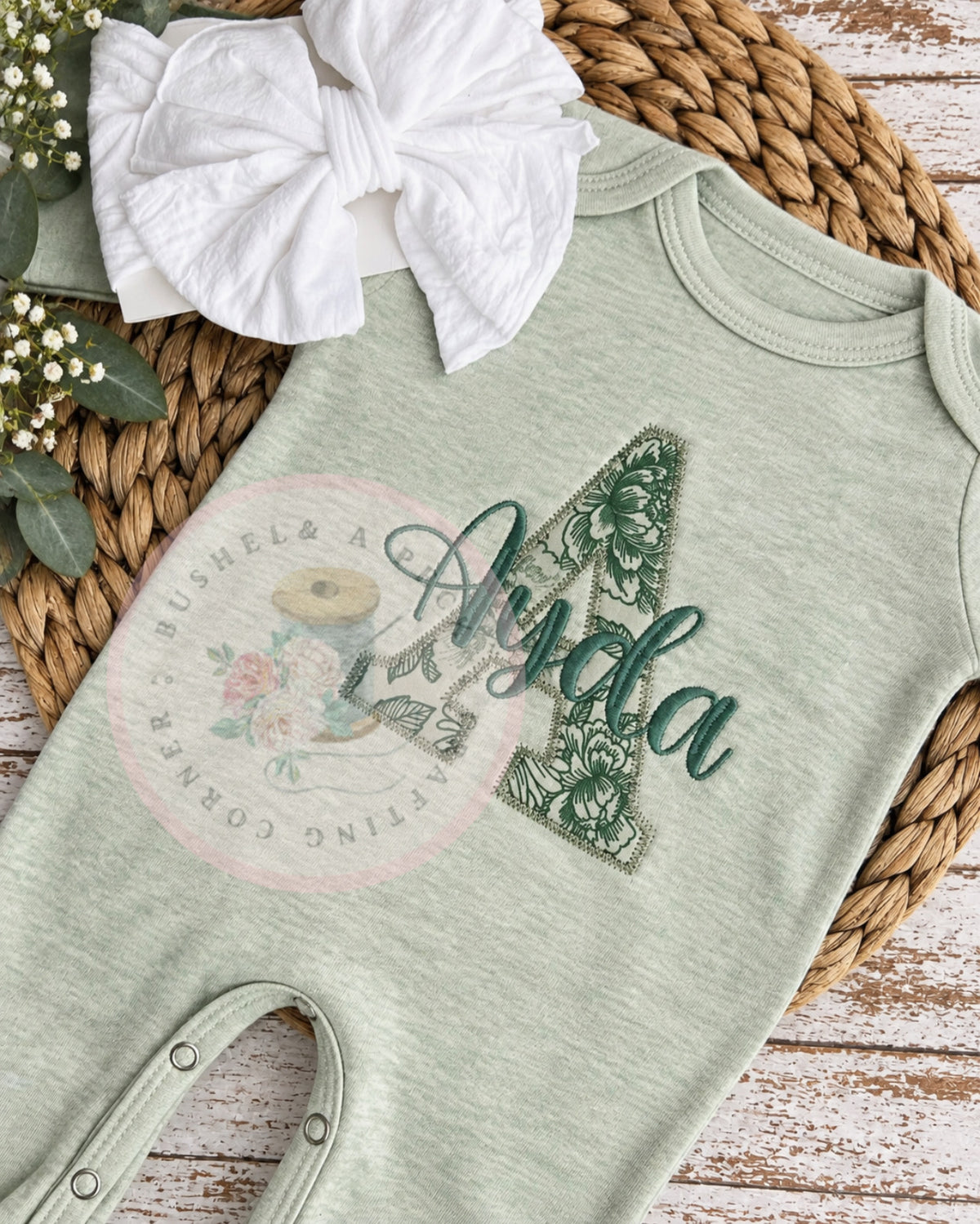 Heathered Sage Convertible Romper/Long & Short Sleeved Bubble Emerald Floral Applique (Initial Style)