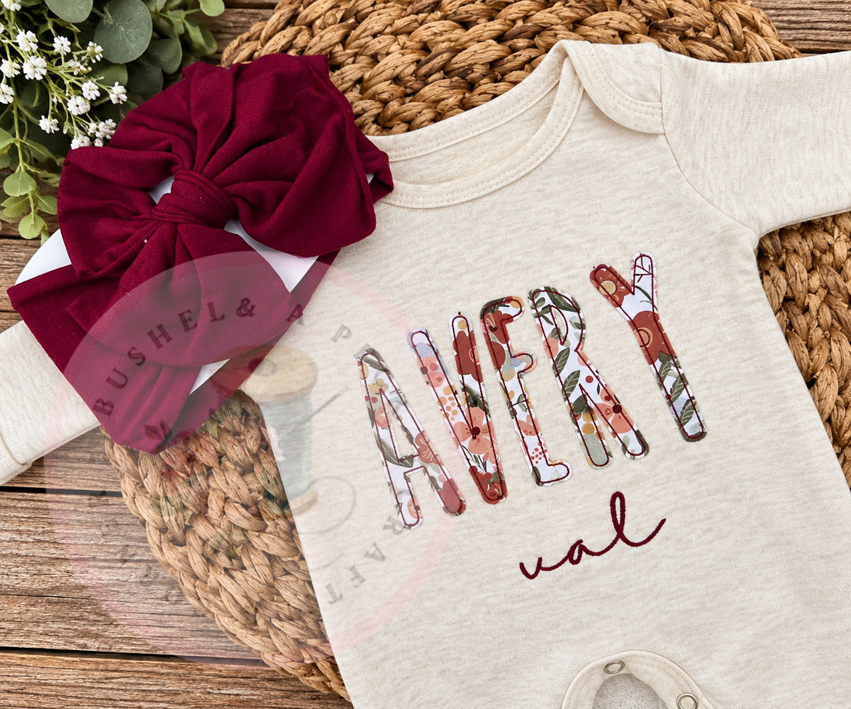 Oatmeal Convertible Romper/Long & Short Sleeved Bubble/Fall Floral Applique (Spelled out style)