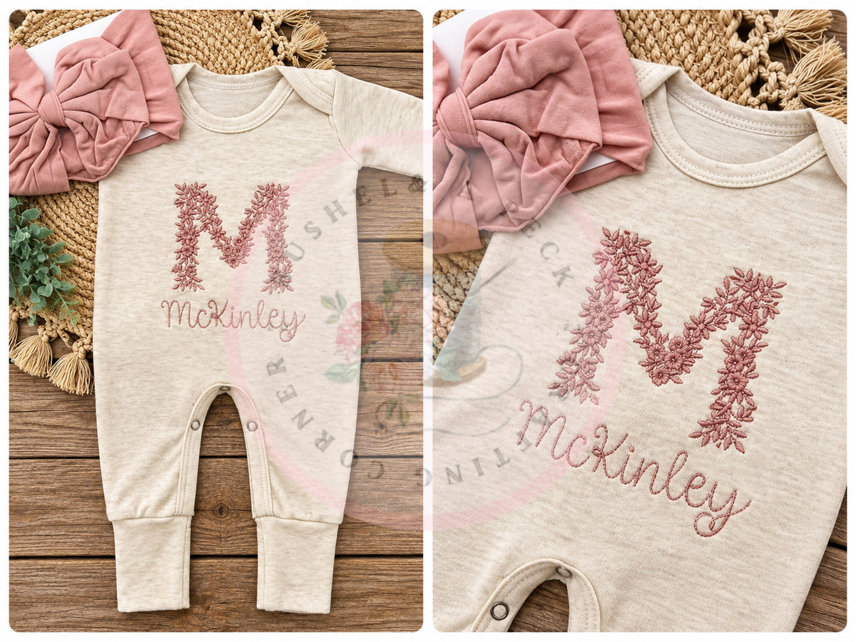 Mauve Floral Initial Convertible Romper/Bow Set