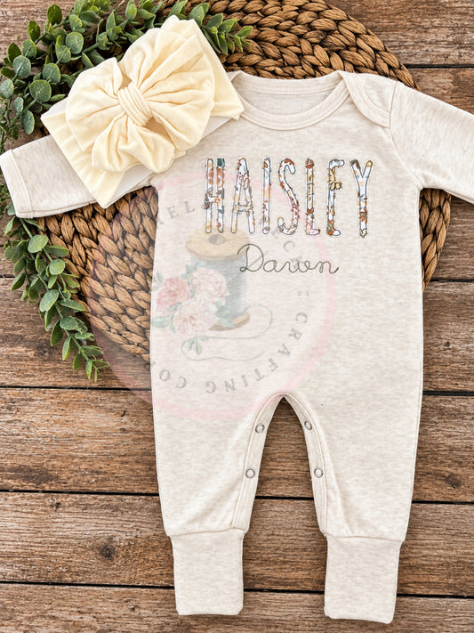 Oatmeal Convertible Romper/ Short & Long Sleeved Bubbles/ Blooming Wildflowers Applique (Spelled Out Name style)