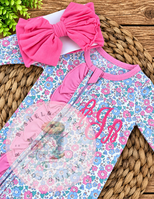 Bright Floral Zip-up footie (With name or Monogram)