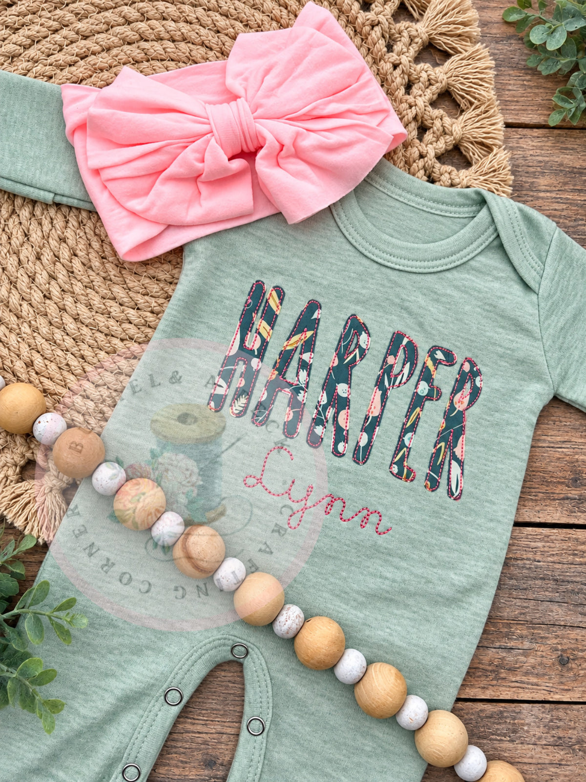 Light Sage/Teal Floral Appliqué Name Convertible Romper/ Long & Short Sleeved Bubbles (Spelled Out Style)