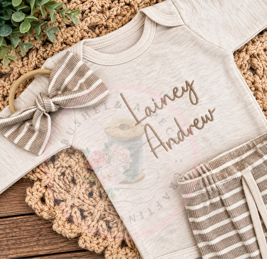Embroidered Oatmeal Onesie/Beige Pants/& Hat or Bow Set