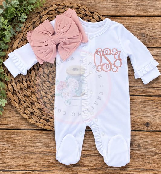 White Ruffle Monogram Button-Up Footie & Matching Mauve Bow Set