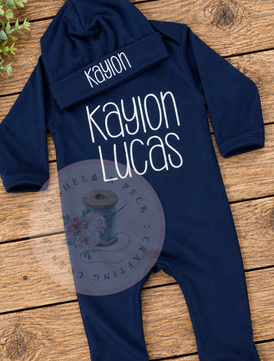 Navy embroidered romper and hat set