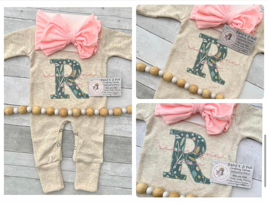 Oatmeal initial teal floral appliqué romper/bow set