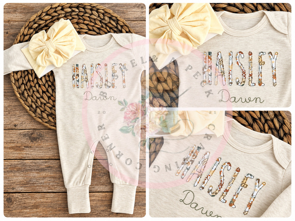 Oatmeal Convertible Romper/ Short & Long Sleeved Bubbles/ Blooming Wildflowers Applique (Spelled Out Name style)