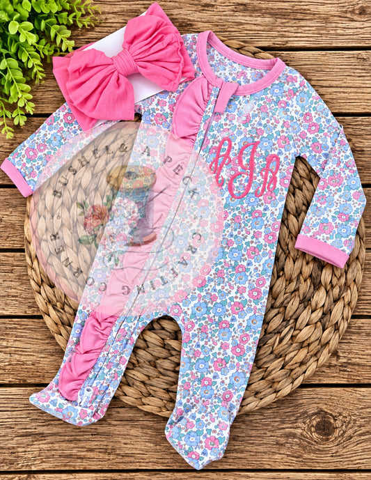 Bright Floral Zip-up footie (With name or Monogram)