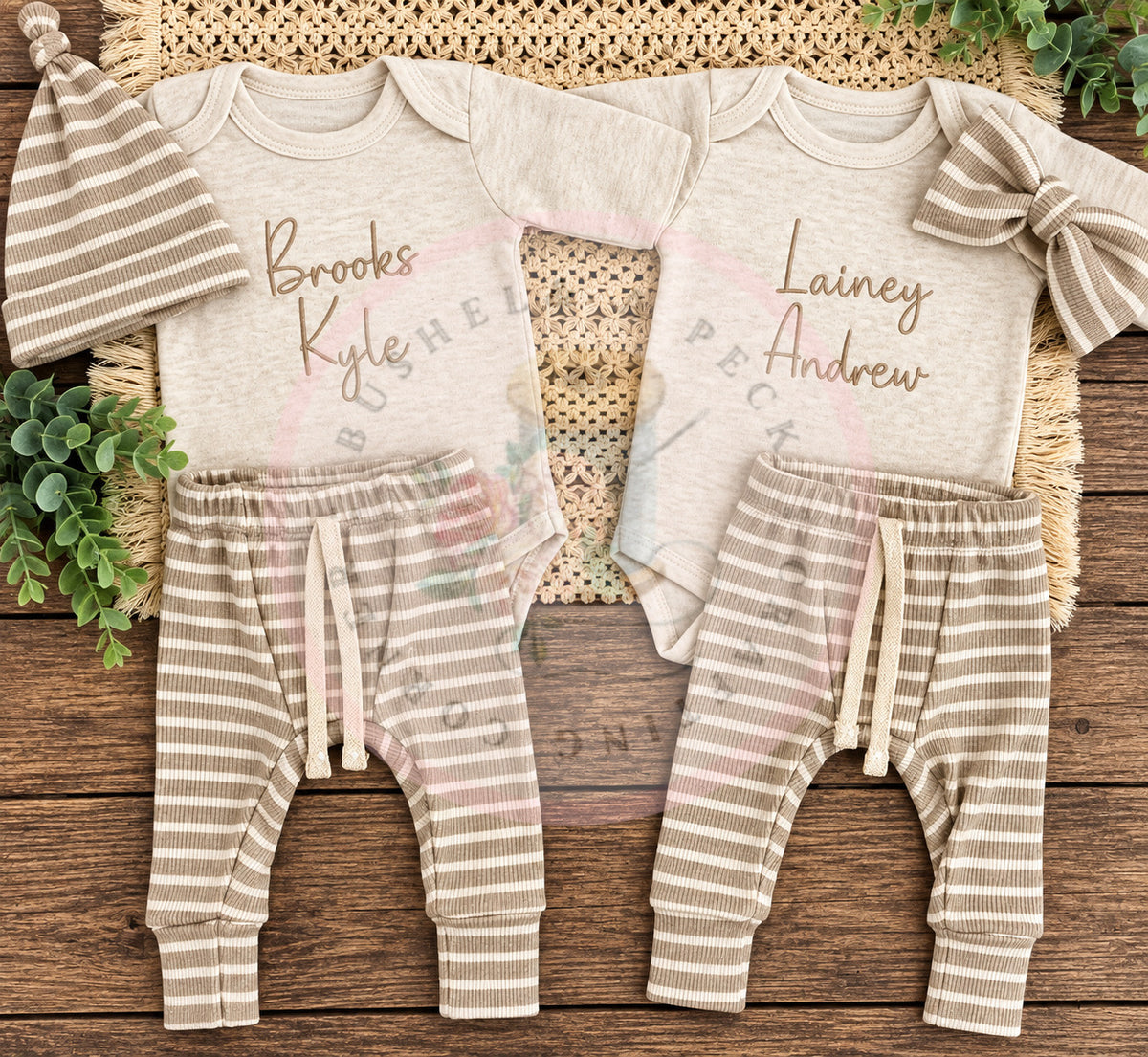 Embroidered Oatmeal Onesie/Beige Pants/& Hat or Bow Set