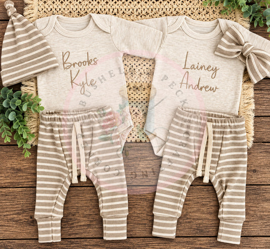 Embroidered Oatmeal Onesie/Beige Pants/& Hat or Bow Set