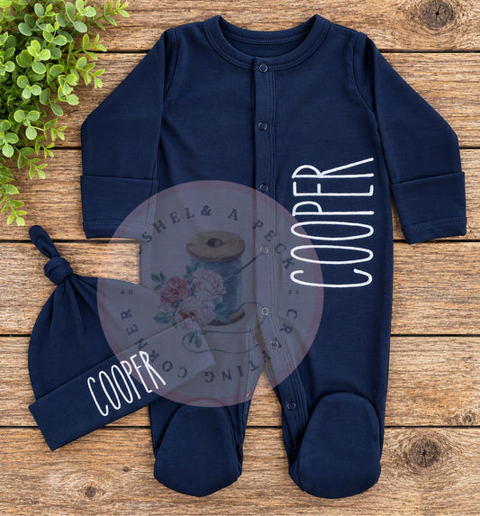 Navy Button-up Sleeper/Hat Set