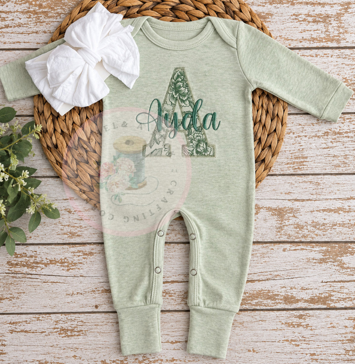 Heathered Sage Convertible Romper/Long & Short Sleeved Bubble Emerald Floral Applique (Initial Style)
