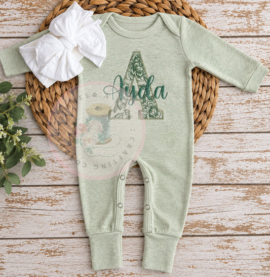 Heathered Sage Convertible Romper/Long & Short Sleeved Bubble Emerald Floral Applique (Initial Style)