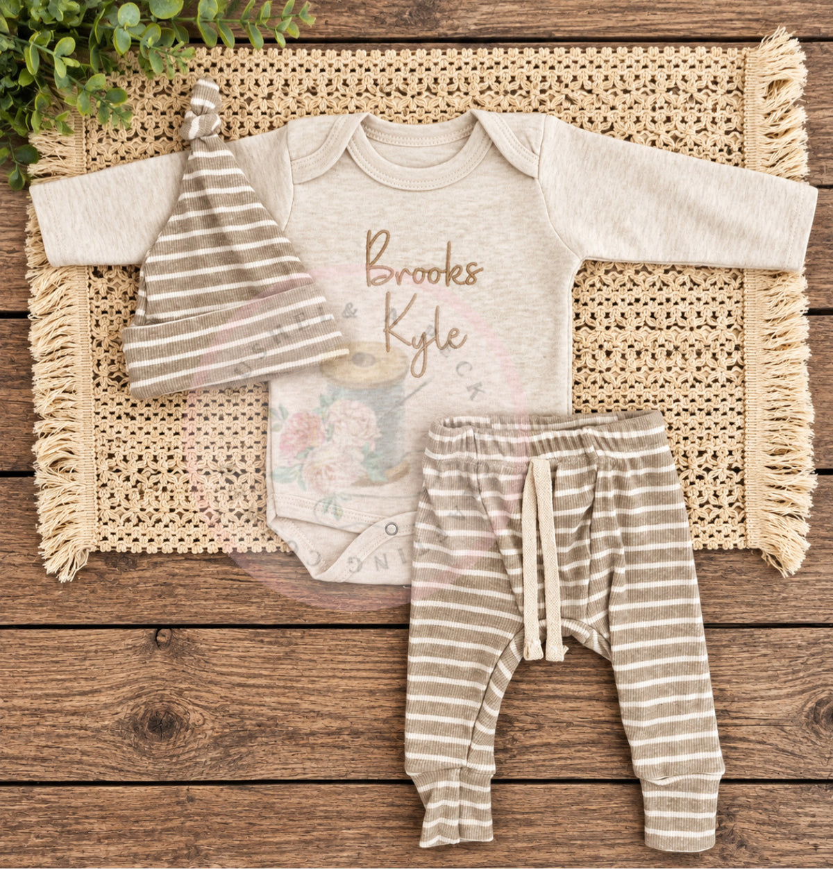 Embroidered Oatmeal Onesie/Beige Pants/& Hat or Bow Set