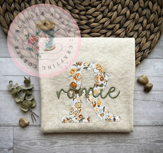 Oatmeal Short/Long Sleeve Shirts with Blooming Wildflowers Applique (Initial Style)