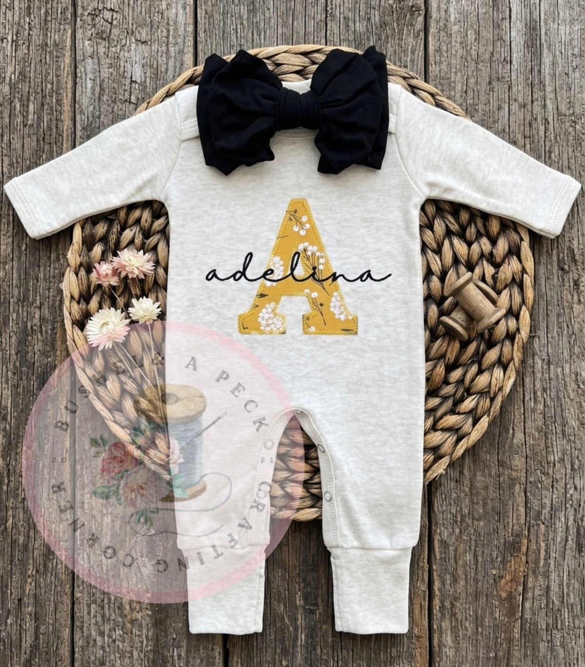Oatmeal Mustard & Black Floral Appliqué Romper/Bow set