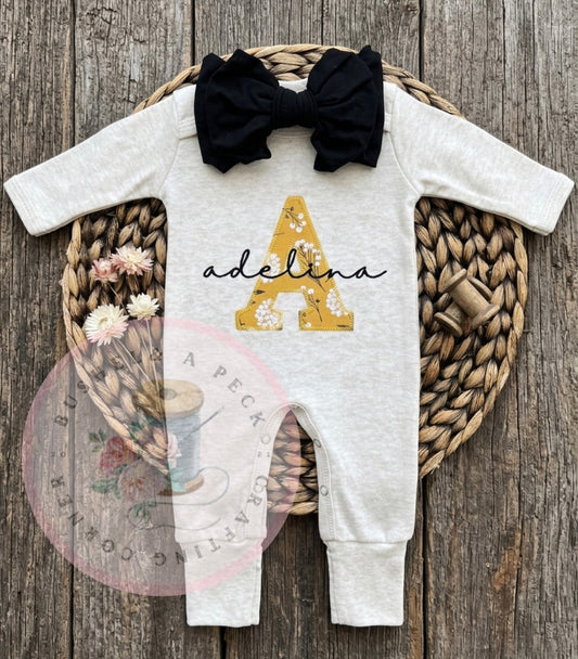 Oatmeal Mustard & Black Floral Appliqué Romper/Bow set
