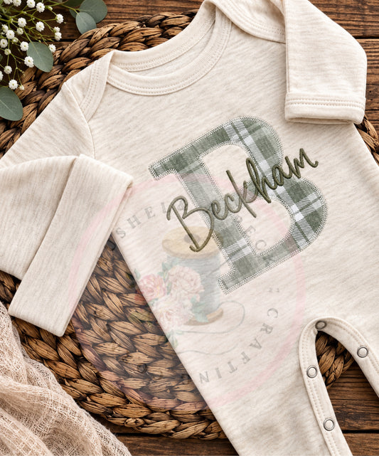 Sage Plaid Applique Convertible Romper/ & Long & Short Sleeved Bubbles (Initial Style)
