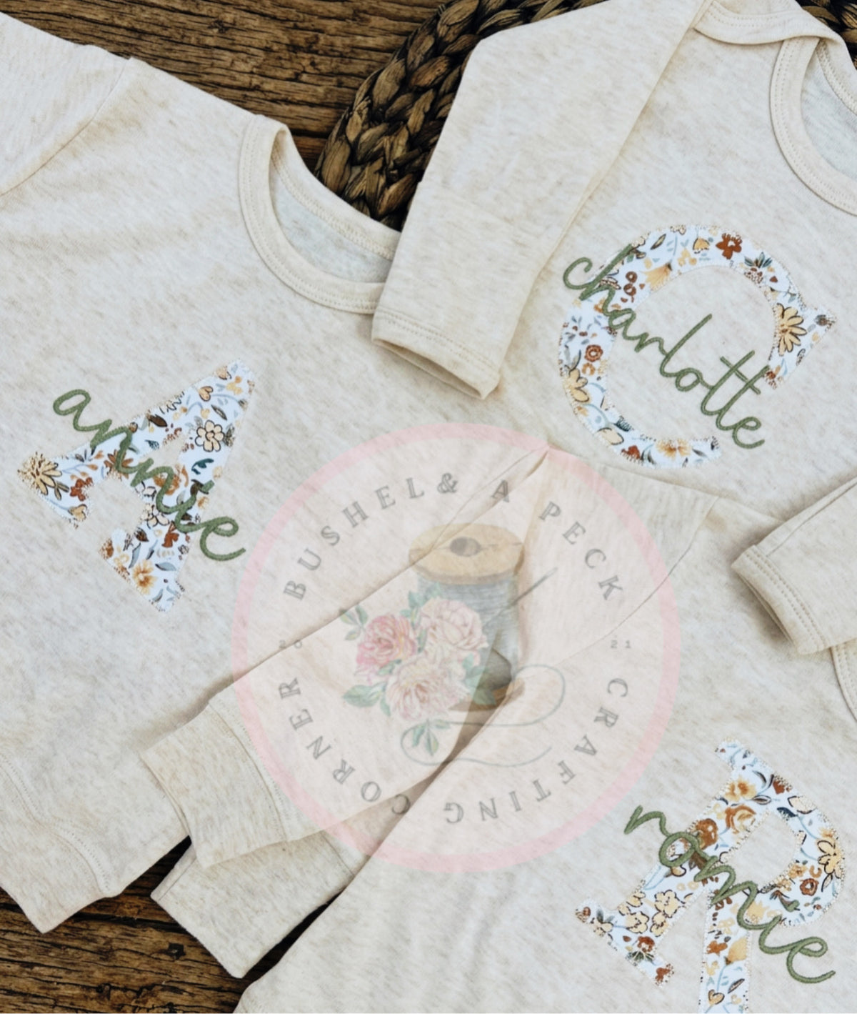 Oatmeal Short/Long Sleeve Shirts with Blooming Wildflowers Applique (Initial Style)