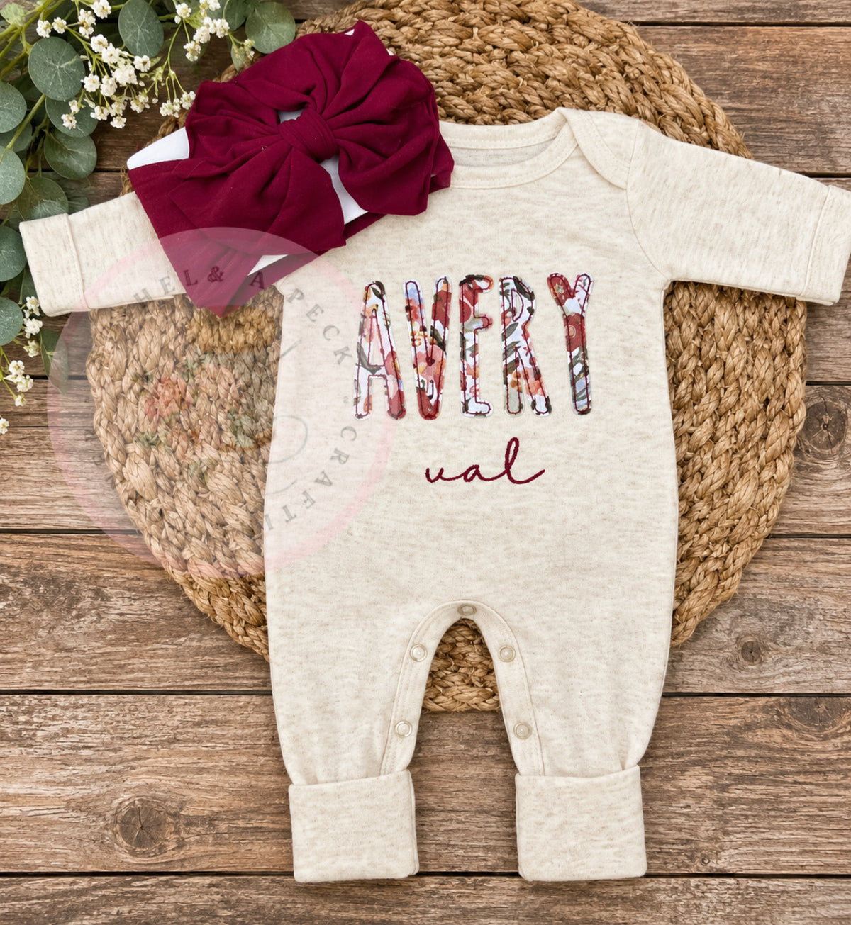 Oatmeal Convertible Romper/Long & Short Sleeved Bubble/Fall Floral Applique (Spelled out style)