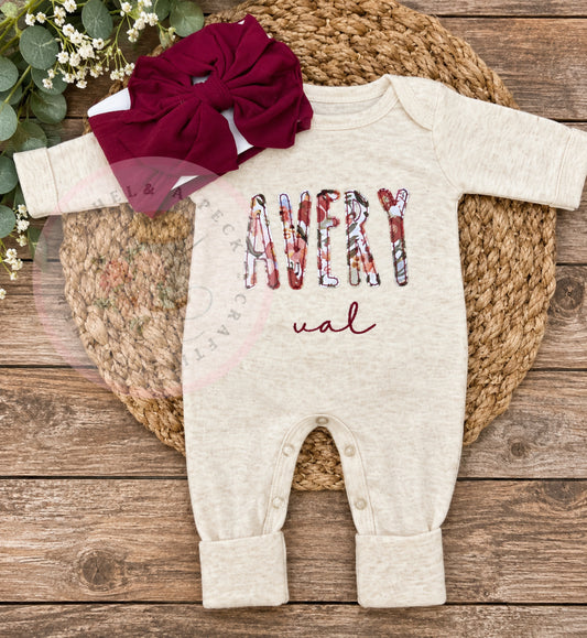 Oatmeal Convertible Romper/Long & Short Sleeved Bubble/Fall Floral Applique (Spelled out style)