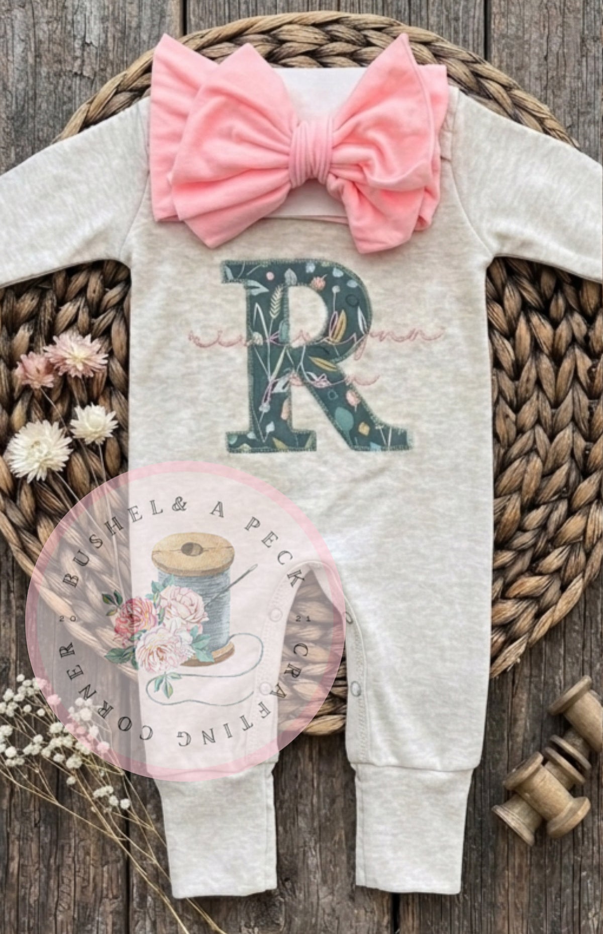 Oatmeal initial teal floral appliqué romper/bow set